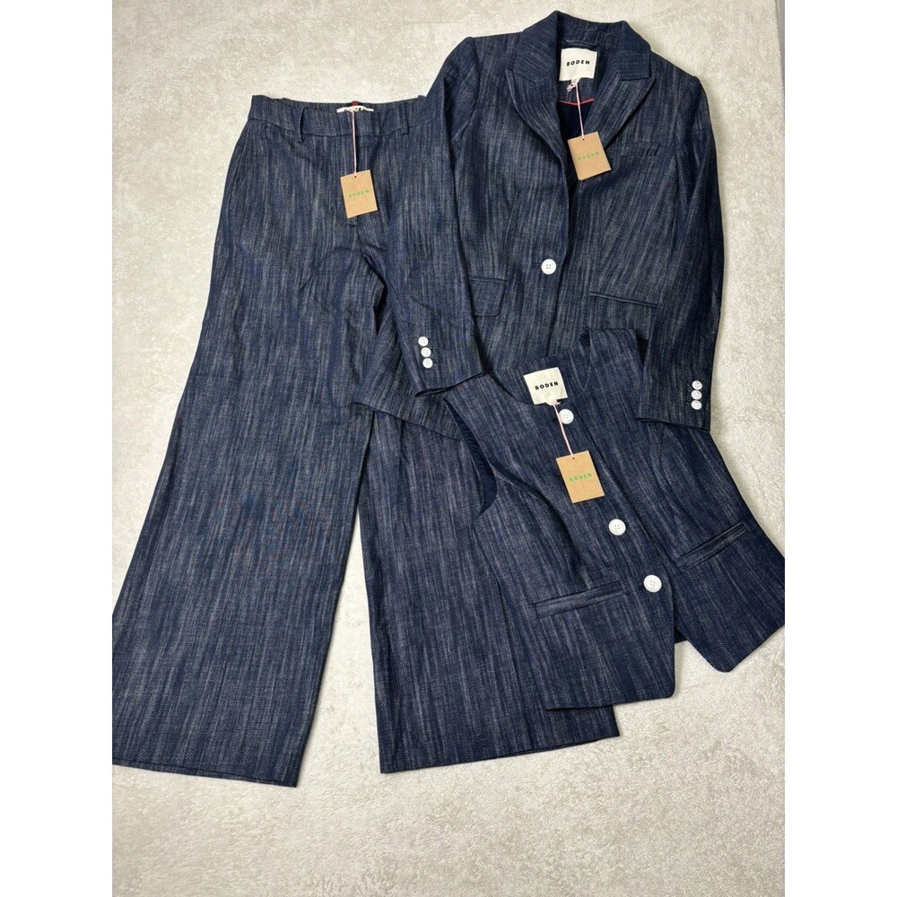 Boden NWT 3 Piece Blue Suit Blazer Vest Wide Leg Pants US 0/2R
